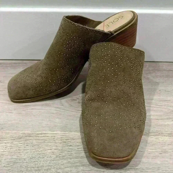 Sole Society Olive Brown Leather Suede Studded Slip On Heels Mules Size 8.5 - Picture 1 of 10